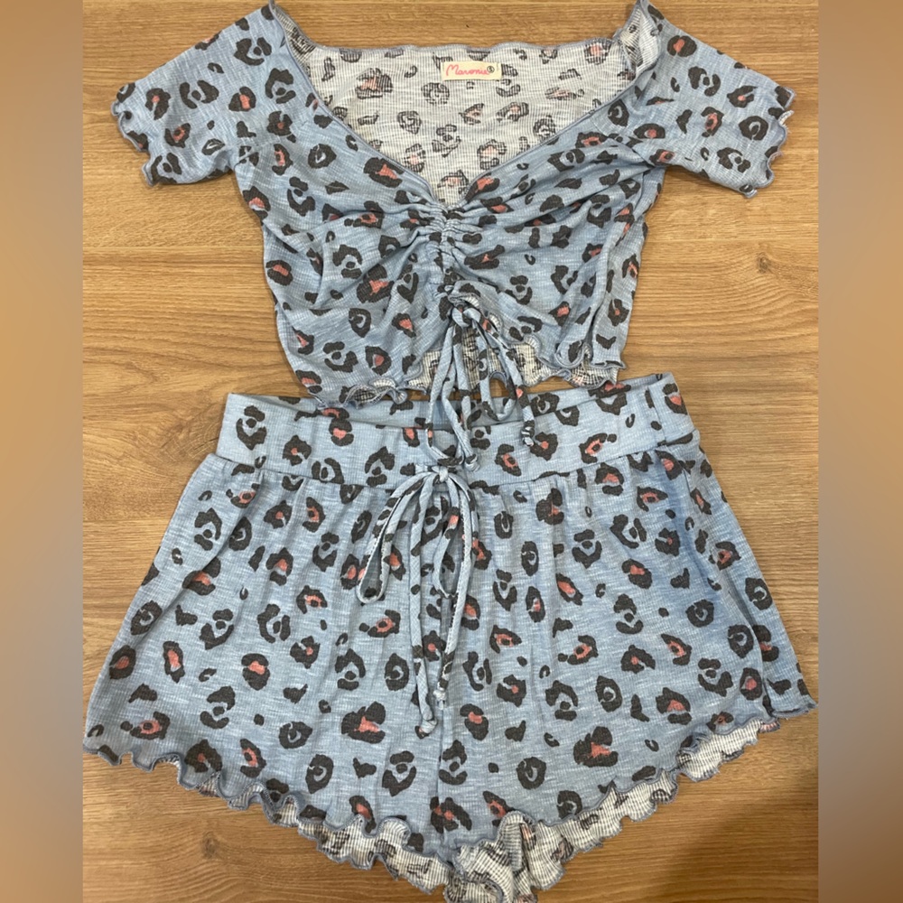 Maronie Anthropologie Blue Leopard Print Two-Piece Set sz small
